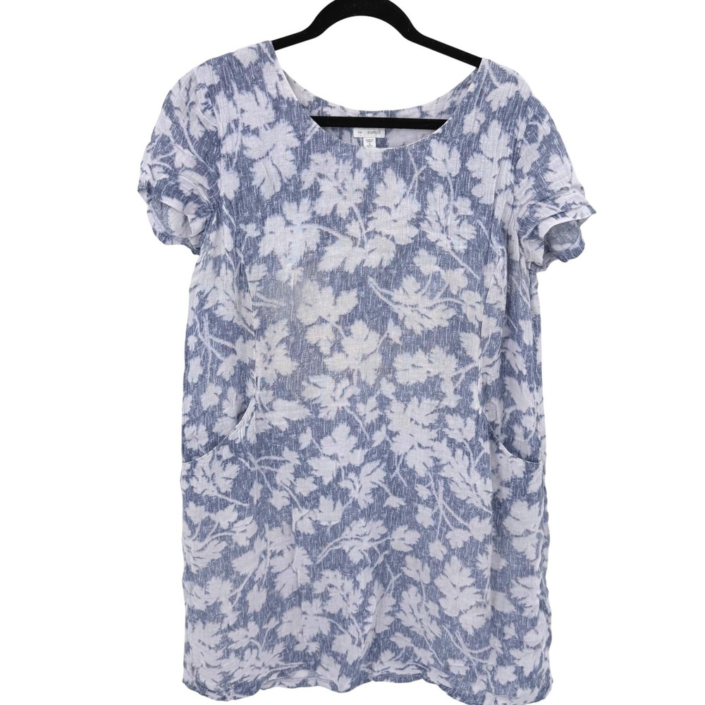 Pure Jill Blue White Floral Linen Shift Dress Pockets Petite Medium PM Short Slv